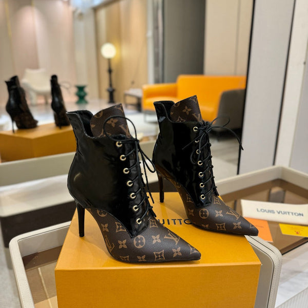 LV Ankle Boot 90mm Black Glossy Calfskin Mix Brown Monogram 504799
