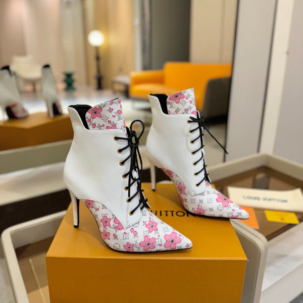LV Ankle Boot 90mm White Calfskin Mix Cherry Blossom Monogram 504798