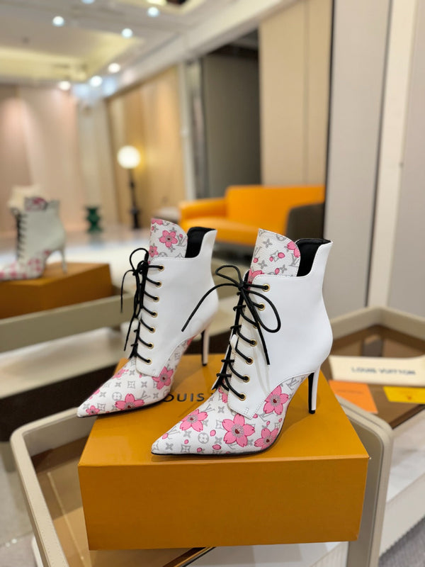 LV Ankle Boot 90mm White Calfskin Mix Cherry Blossom Monogram 504798