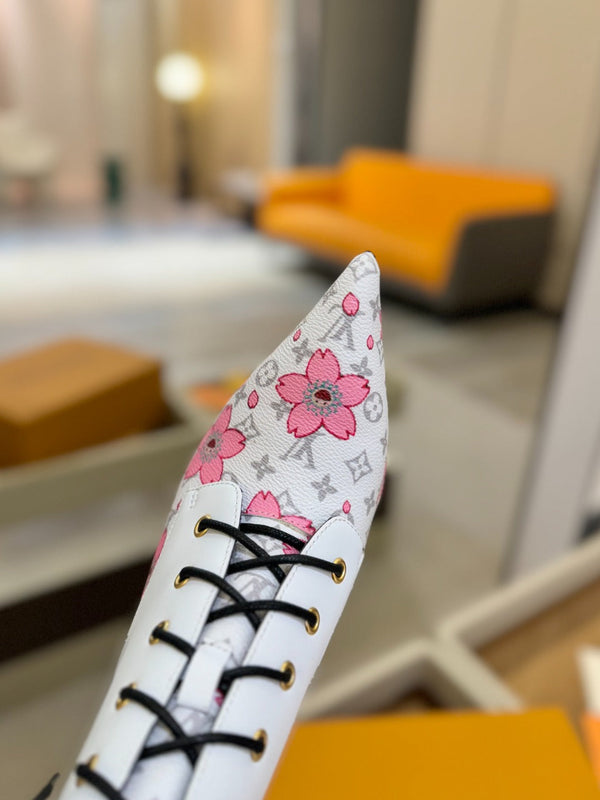 LV Ankle Boot 90mm White Calfskin Mix Cherry Blossom Monogram 504798