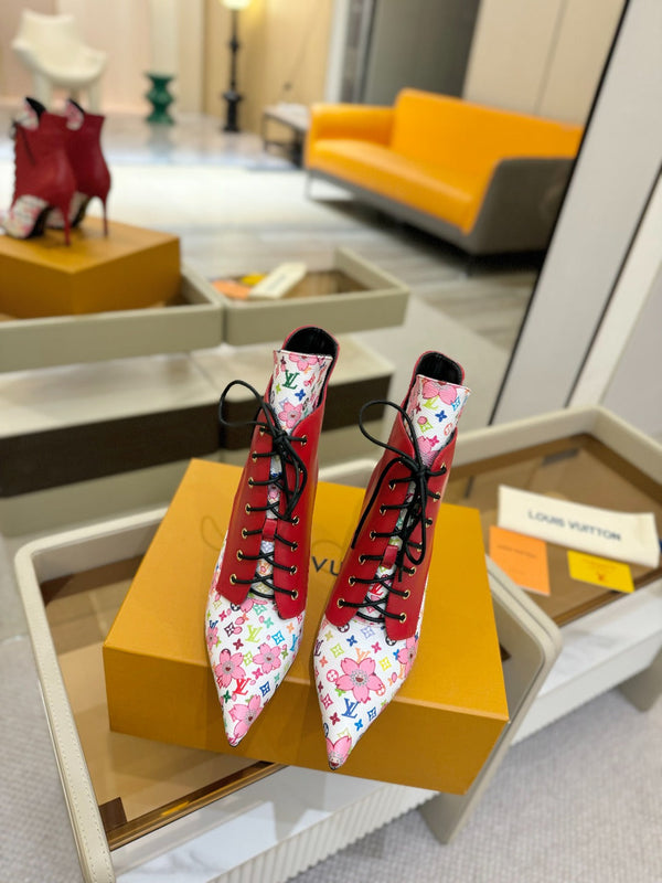 LV Ankle Boot 90mm Red Calfskin Mix Cherry Blossom Monogram 504797