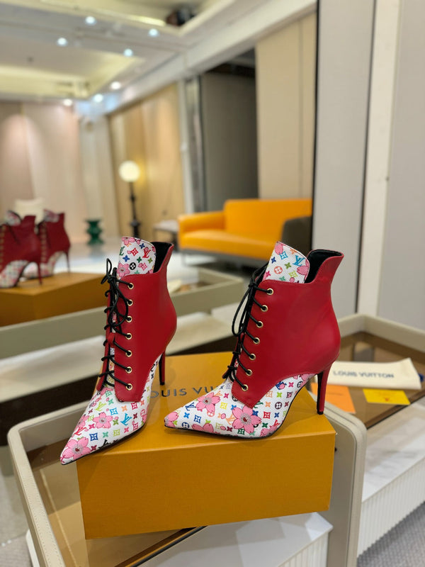 LV Ankle Boot 90mm Red Calfskin Mix Cherry Blossom Monogram 504797