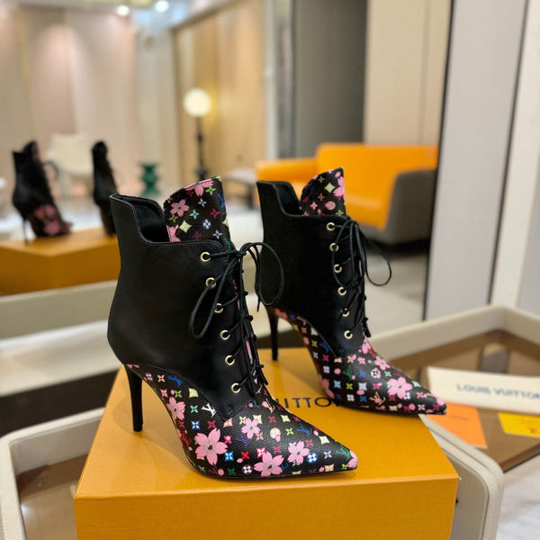 LV Ankle Boot 90mm Black Calfskin Mix Cherry Blossom Monogram 504796