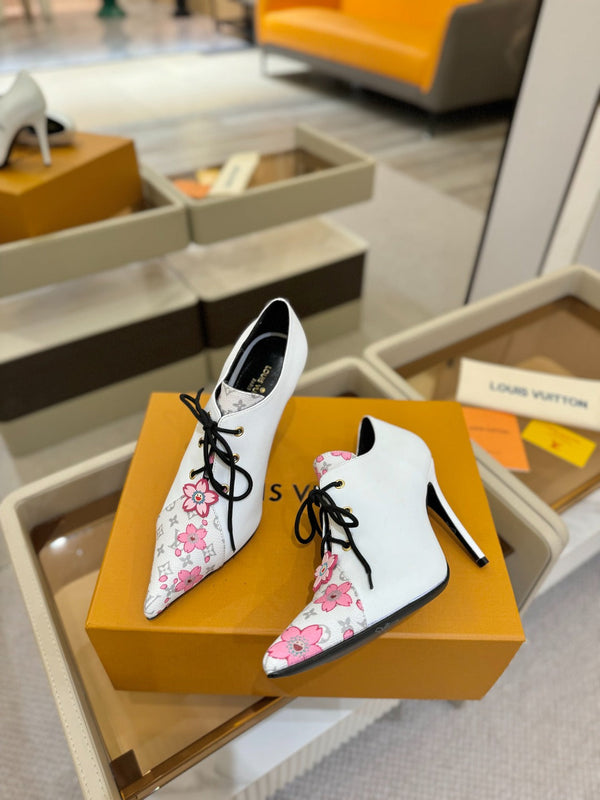 LV Ankle Boot 90mm White Calfskin Mix Cherry Blossom Monogram 504794