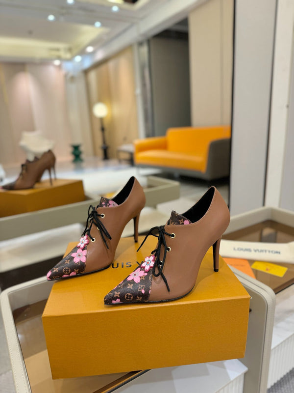 LV Ankle Boot 90mm Brown Calfskin Mix Cherry Blossom Monogram 504793