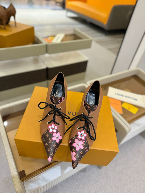 LV Ankle Boot 90mm Brown Calfskin Mix Cherry Blossom Monogram 504793