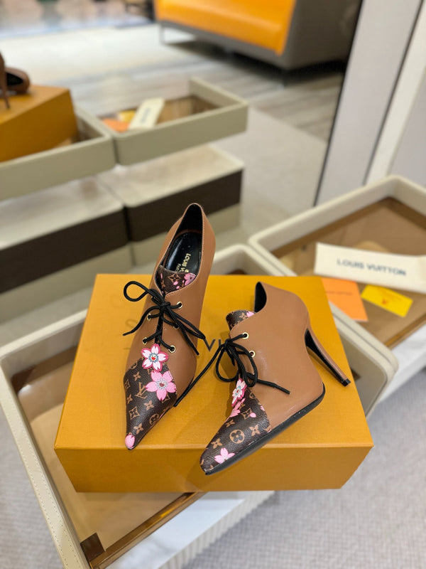 LV Ankle Boot 90mm Brown Calfskin Mix Cherry Blossom Monogram 504793