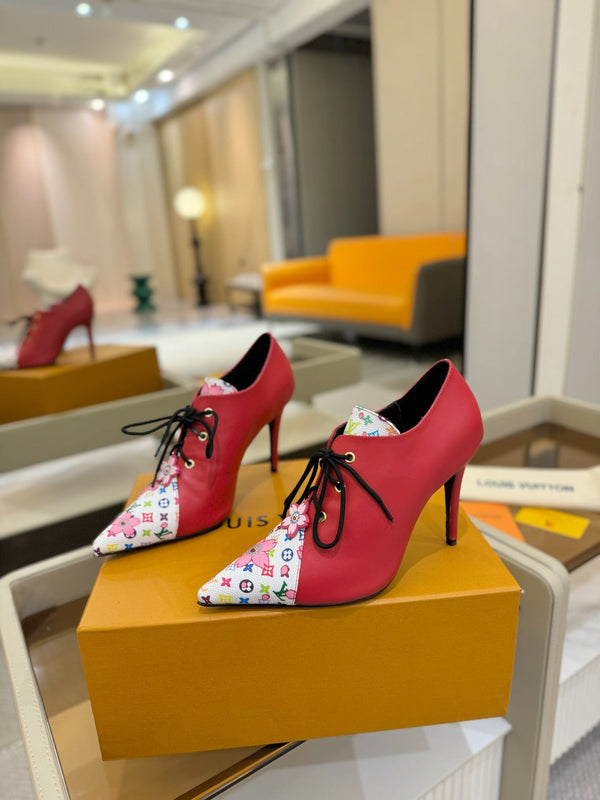 LV Ankle Boot 90mm Red Calfskin Mix Cherry Blossom Monogram 504792