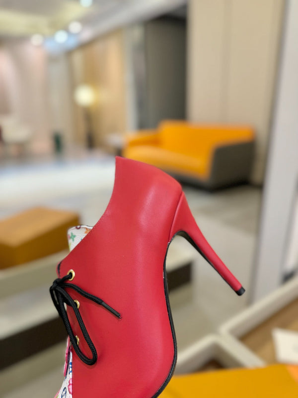 LV Ankle Boot 90mm Red Calfskin Mix Cherry Blossom Monogram 504792