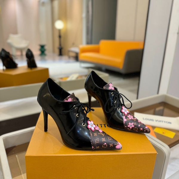 LV Ankle Boot 90mm Black Glossy Calfskin Mix Cherry Blossom Monogram 504790