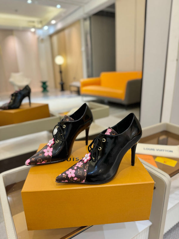 LV Ankle Boot 90mm Black Glossy Calfskin Mix Cherry Blossom Monogram 504790