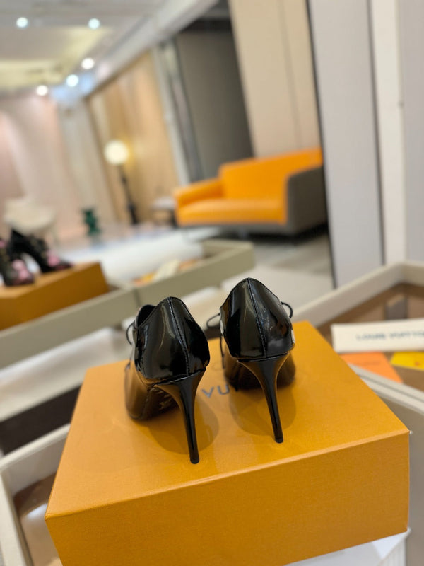 LV Ankle Boot 90mm Black Glossy Calfskin Mix Cherry Blossom Monogram 504790