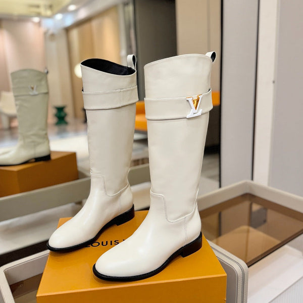 LV Donkey Metal Buckle-Decorated Knight Boots White Cowhide 504715