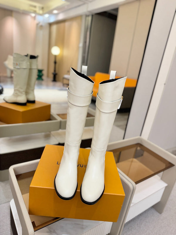 LV Donkey Metal Buckle-Decorated Knight Boots White Cowhide 504715