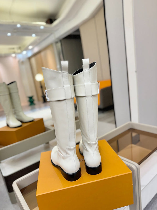 LV Donkey Metal Buckle-Decorated Knight Boots White Cowhide 504715