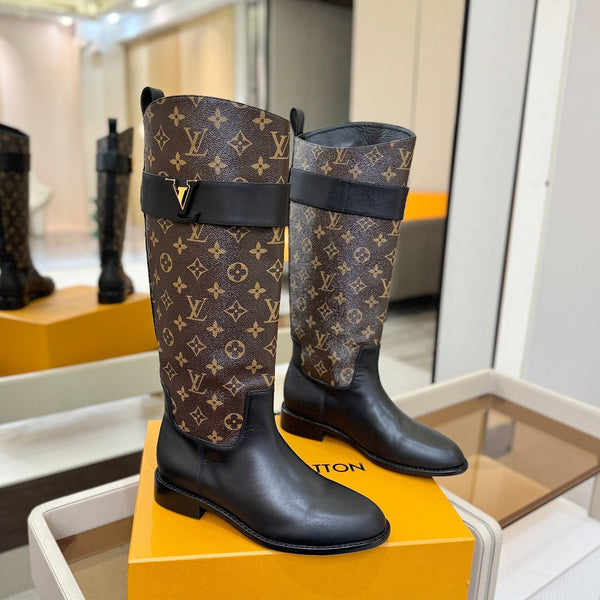 LV Donkey Metal Buckle-Decorated Knight Boots Black Monogram Cowhide 504714