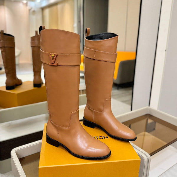 LV Donkey Metal Buckle-Decorated Knight Boots Brown Cowhide 504712