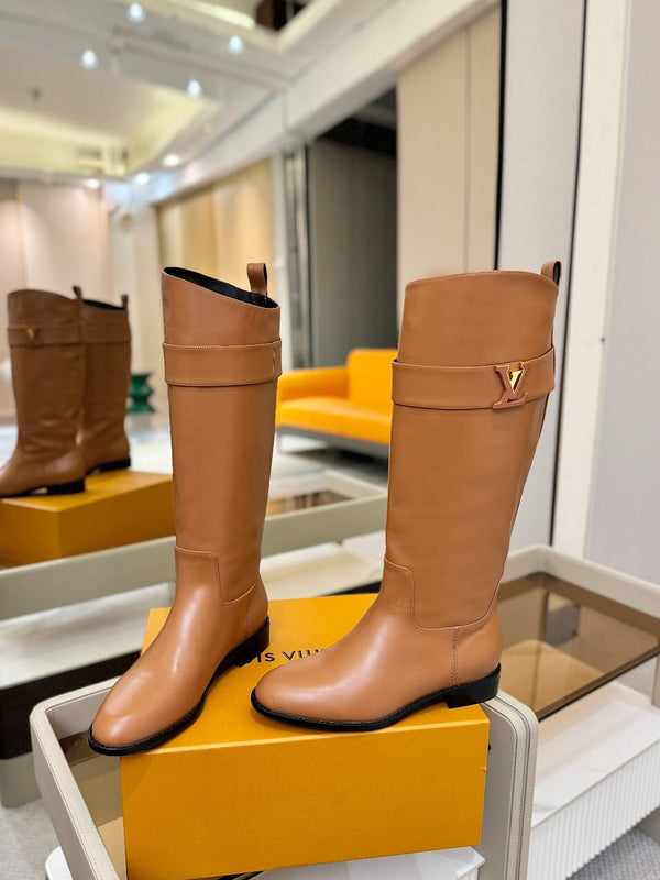 LV Donkey Metal Buckle-Decorated Knight Boots Brown Cowhide 504712