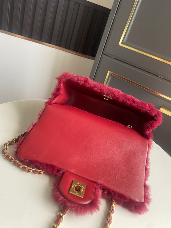 Mini CF 25 Flap Bag Red Shearling