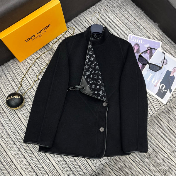 LV 25FW Double-Faced Wool Coat Jacket Lambskin Edge Black 311694