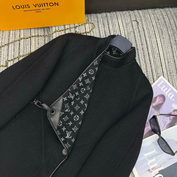 LV 25FW Double-Faced Wool Coat Jacket Lambskin Edge Black 311694