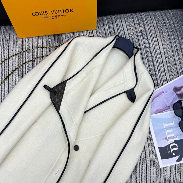 LV 25FW Double-Faced Wool Long Coat Lambskin Edge White 311684