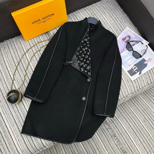 LV 25FW Double-Faced Wool Long Coat Lambskin Edge Black 311676