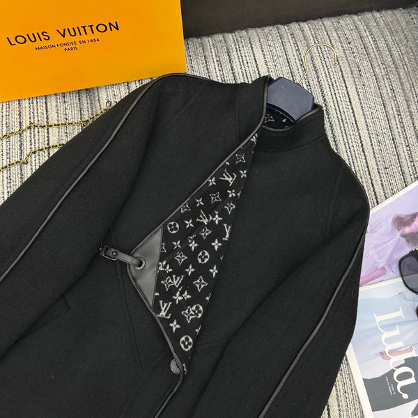 LV 25FW Double-Faced Wool Long Coat Lambskin Edge Black 311676