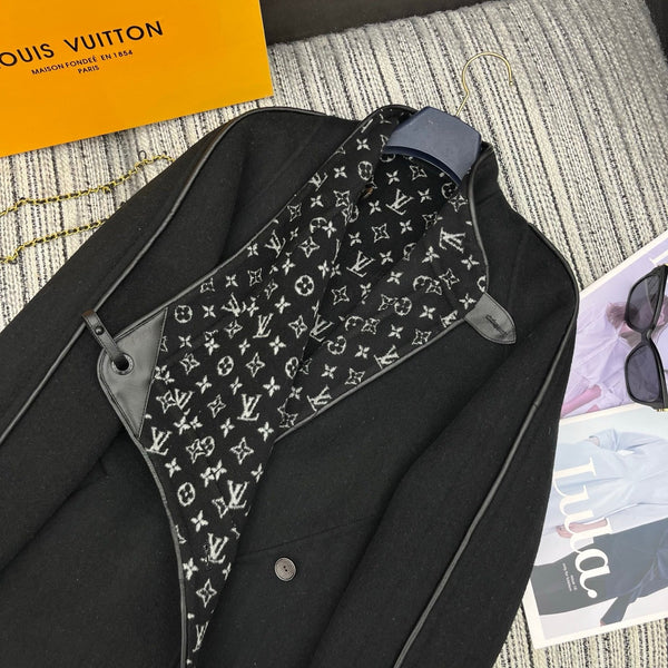 LV 25FW Double-Faced Wool Long Coat Lambskin Edge Black 311676