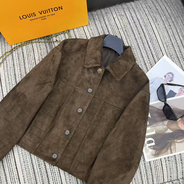 LV 25FW Crocodile Pattern Suede Lapel Jacket Dark Brown 302353