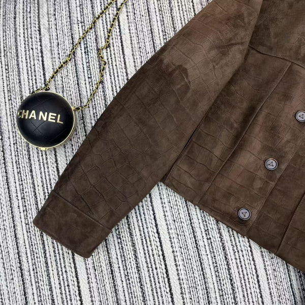 LV 25FW Crocodile Pattern Suede Lapel Jacket Dark Brown 302353