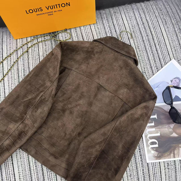 LV 25FW Crocodile Pattern Suede Lapel Jacket Dark Brown 302353