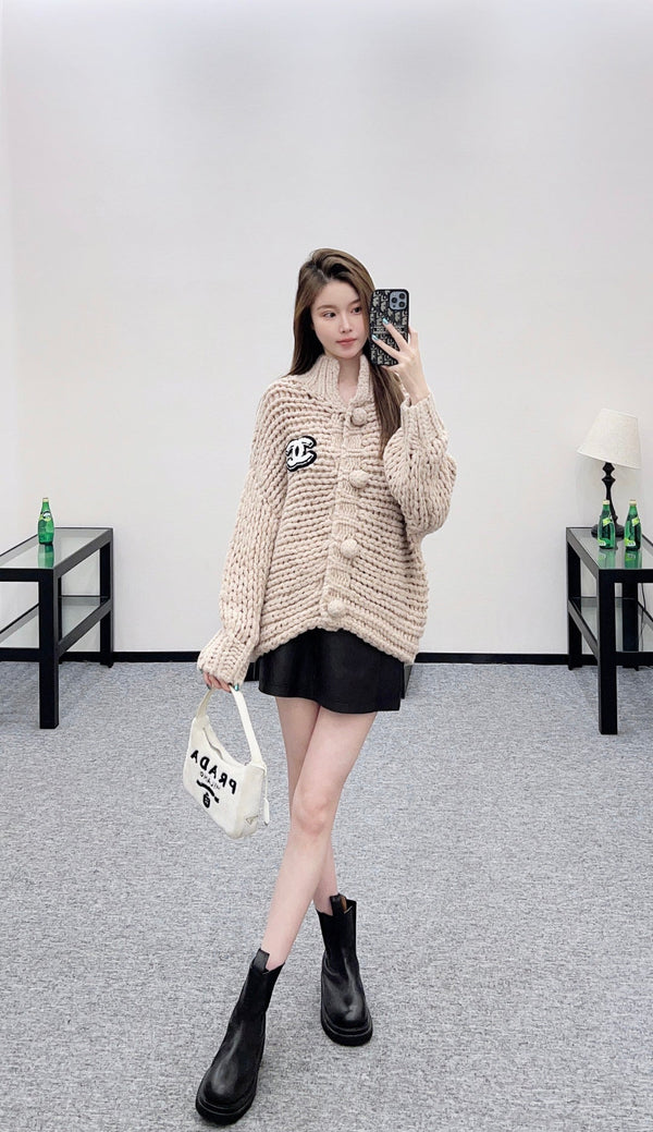 CC 25 Double C Hollow Letter Knit Brown Cardigan