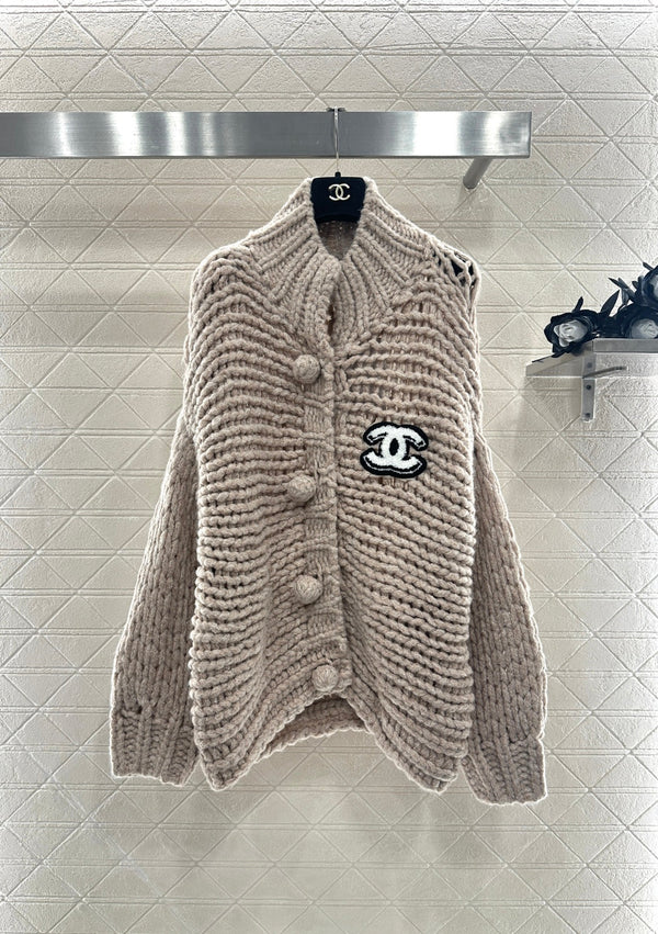 CC 25 Double C Hollow Letter Knit Brown Cardigan