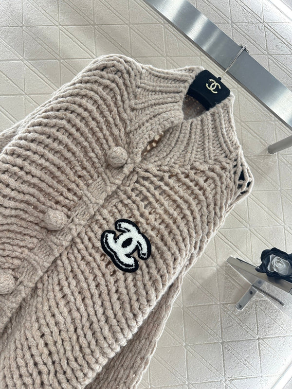 CC 25 Double C Hollow Letter Knit Brown Cardigan