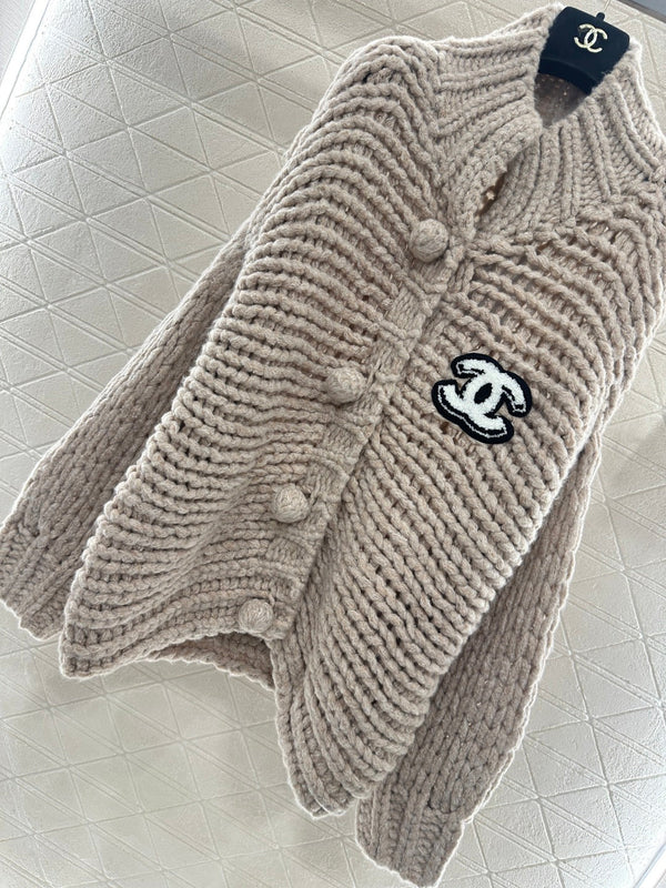 CC 25 Double C Hollow Letter Knit Brown Cardigan