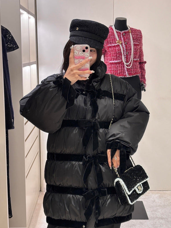 CC Velvet Bow-Tie Long Down Black Jacket