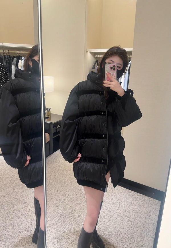 CC Velvet Bow-Tie Long Down Black Jacket