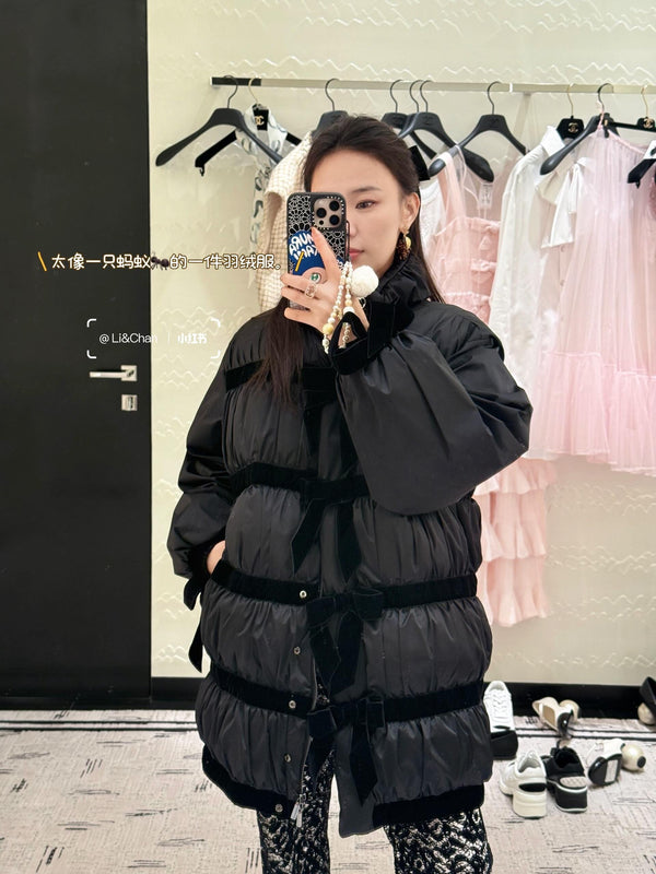 CC Velvet Bow-Tie Long Down Black Jacket
