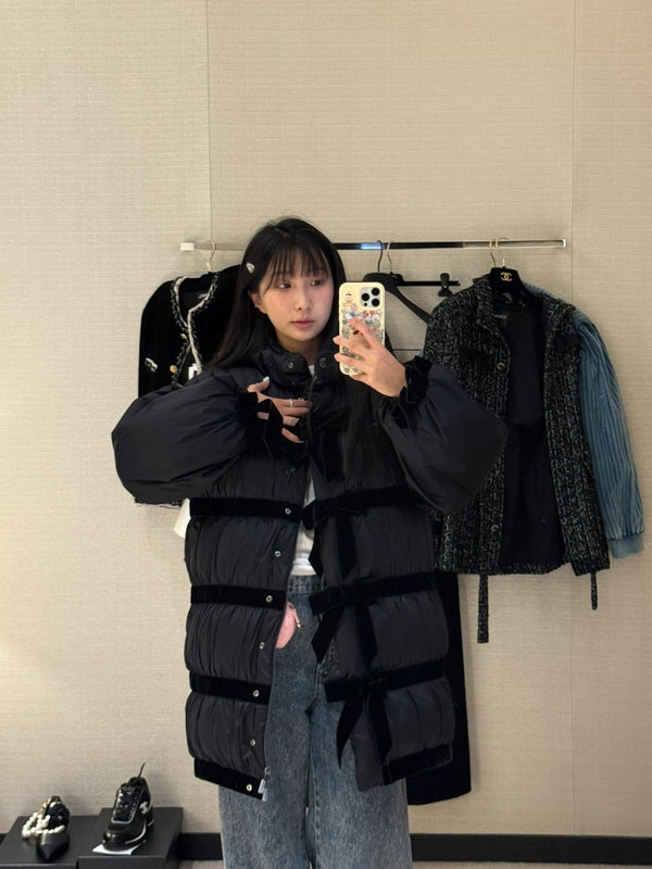 CC Velvet Bow-Tie Long Down Black Jacket