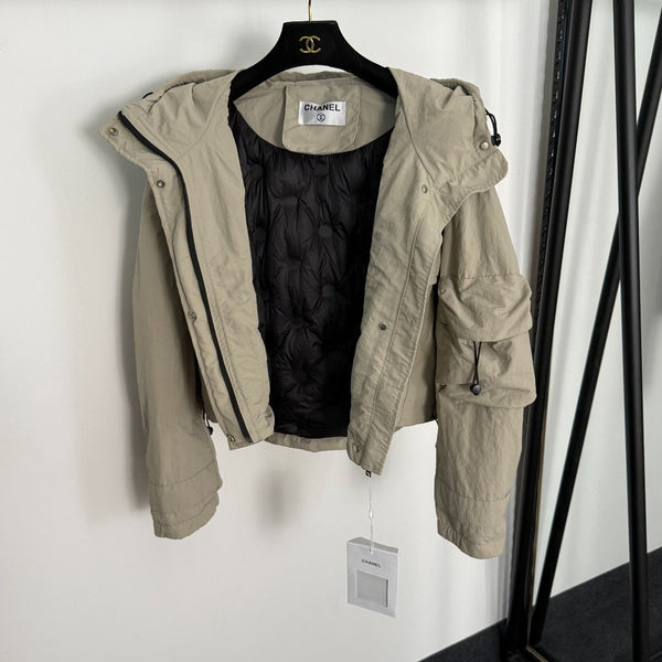 CC Chanel Style Rubber Logo Work Pocket Long Sleeve Hooded Cotton Jacket