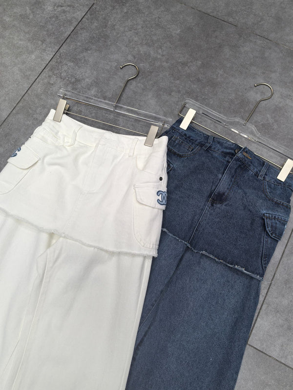 CC Faux Two-Piece Denim Trousers With Trims