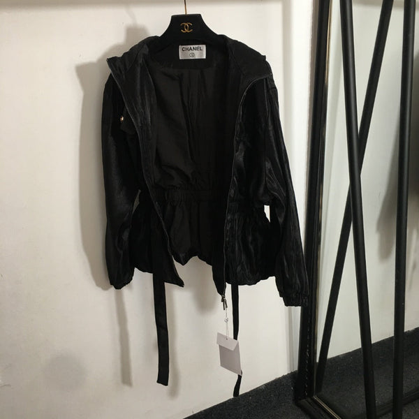 CC Drawstring Waist Short Long Sleeve Hooded Thin Shiny Windbreaker Jacket