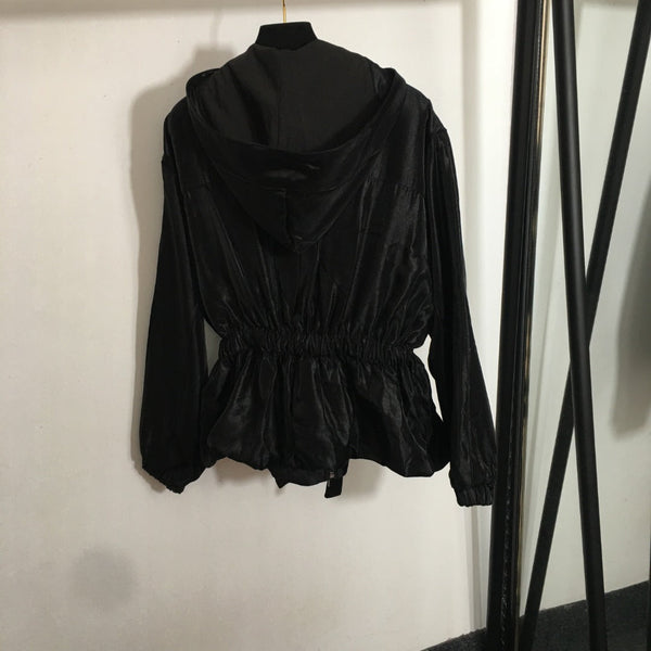 CC Drawstring Waist Short Long Sleeve Hooded Thin Shiny Windbreaker Jacket