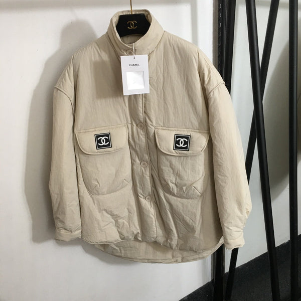 CC Logo Offset Printed Double Pocket Stand Collar Long Sleeve Cotton Jacket