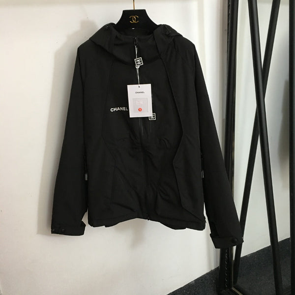 CC Logo Letter Print Zipper Pocket Long Sleeve Hooded Windbreaker Jacket