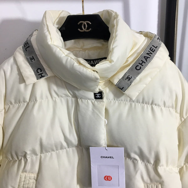 CC Logo Embroidered Letters Ribbon Stitching Long-Sleeved Hooded Cotton Jacket