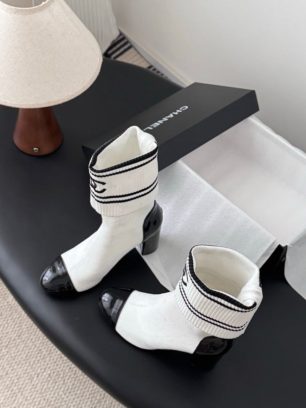 CC 25K Ankle Sock Boots 85mm Heel White Patent Calfskin and Lambskin 508004