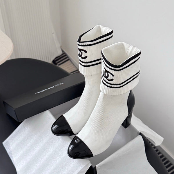 CC 25K Ankle Sock Boots 85mm Heel White Patent Calfskin and Lambskin 508004