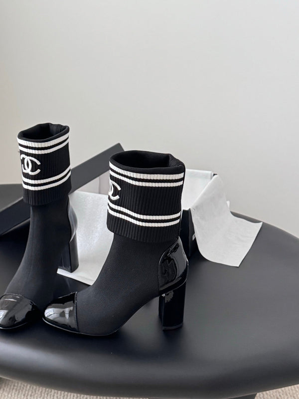 CC 25K Ankle Sock Boots 85mm Heel Black Patent Calfskin and Lambskin 508003